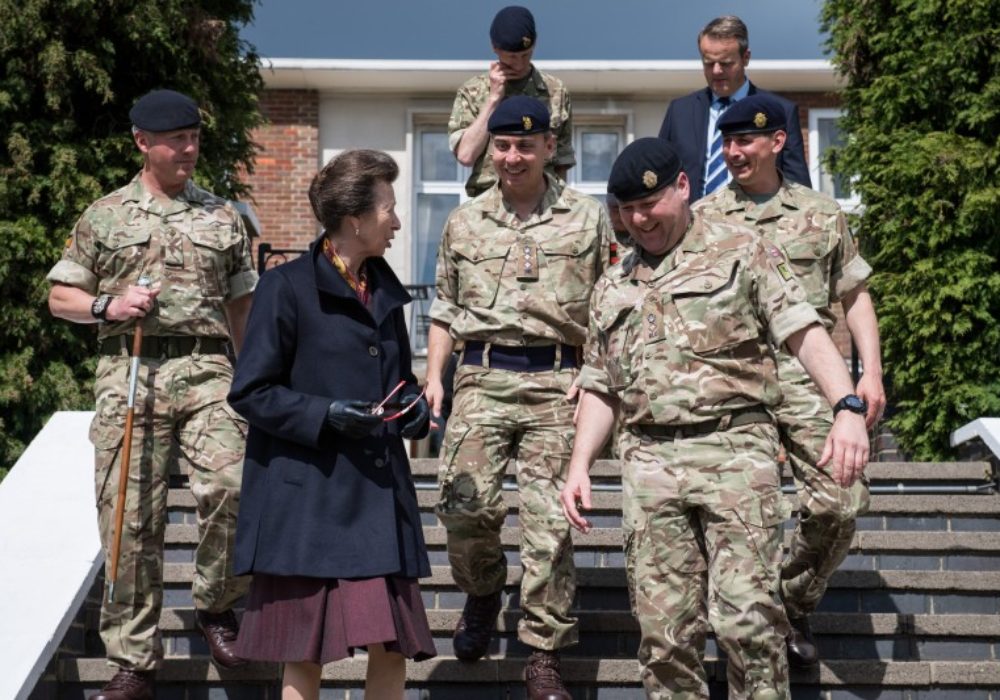 HRH, The Princess Royal being escorted by Officers of 1 Regiment Royal Logistic Corps at St Davids Barracks