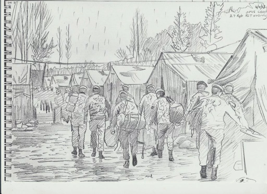 David sketched 27 Regiment on parade to mark the formation of The RLC at Omis Camp